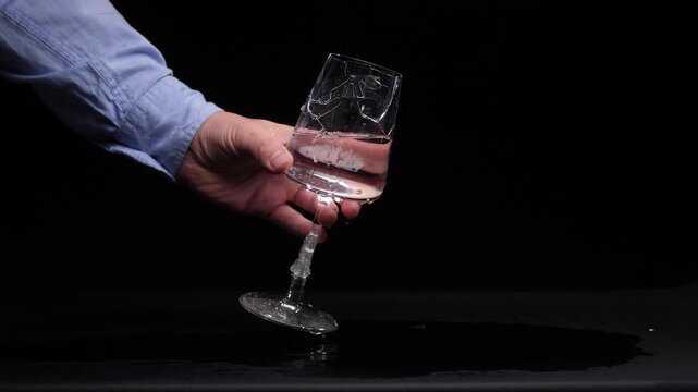 Hand holding shattered wine glass leaking water onto a dark surface, close up studio shot symbolizing fragility, accident, damage, carelessness and unexpected mess