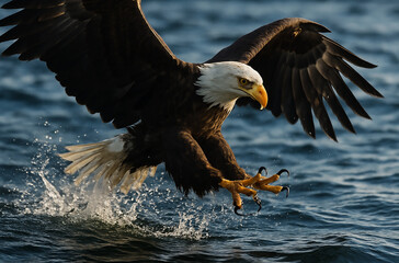 Majestic Bald Eagle Hunting Fish Above Blue Water Surface