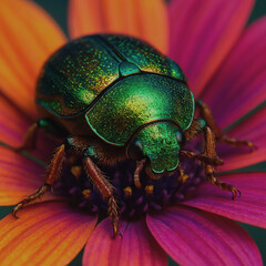 Macro Shot of Shiny Green Metallic Beetle on Vibrant Pink and Orange Flower