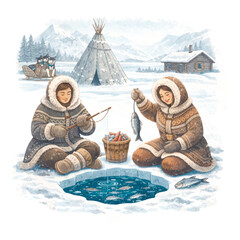 Vector illustration of indigenous North people ice fishing. A couple in traditional fur parkas with a catch, husky dogs, sled, and a chum tent against a snowy mountain winter landscape. © Elmar