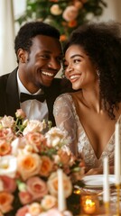 Joyful couple sharing a romantic moment at an elegant wedding