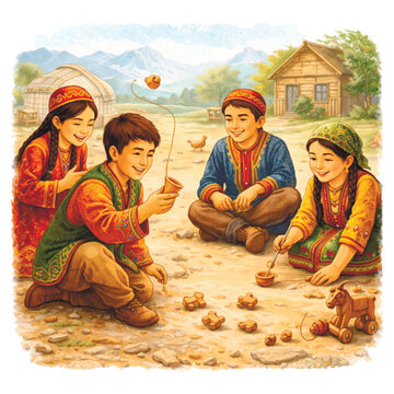 Vector illustration of Central Asian children playing traditional games with knucklebones, asyk and wooden toys. Rural village background with yurt, mountains, and ethnic costumes in watercolor.