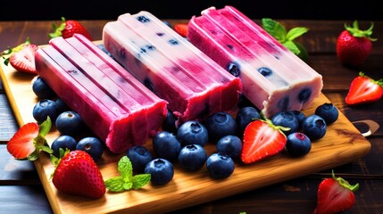 Strawberry popsicle ice cream with blueberries, surrounded by fresh berries.