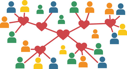 Network of colorful people icons connected by red hearts representing social community support charity organization and spreading love concept for kindness unity team relationship care.