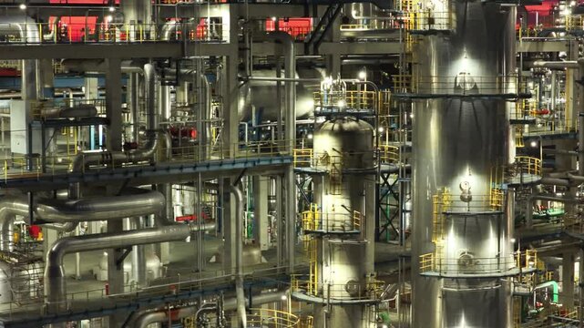 Aerial Refinery Photograph - Industrial Pipeline Systems at Night