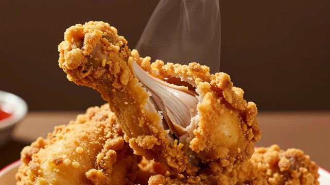 Fried chicken crispy slow motion fast food advertisement background copy space delicious poultry snack meat leg wing golden oil restaurant menu