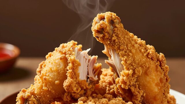 Fried chicken crispy slow motion fast food advertisement background copy space delicious poultry snack meat leg wing golden oil restaurant menu