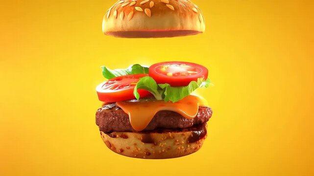 Burger levitation floating ingredients fast food advertisement background copy space motion design gourmet sandwich cheeseburger delicious fresh beef bun lettuce tomato cheese snack restaurant