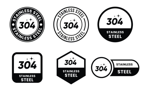 Stainless Steel 304 Icons Set Vector Illustration &ndash; Food Grade AISI 304 Material Symbols, Corrosion Resistant Steel Quality Badges for Industrial, Kitchen, and Product Labeling