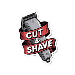 Hair clipper with cut and shave text on red ribbon transparent background