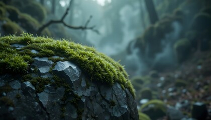 Mossy Rocks in Misty Forest Light