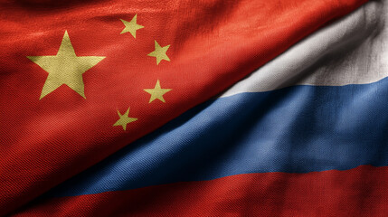 chinese flag waving next to russian flag. relations between china and russia