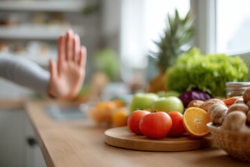 Healthy Kitchen Scene with Fresh Produce and Rejected Unhealthy Foods