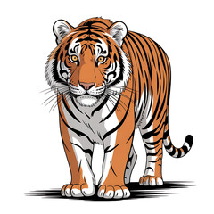 Tiger walking forward with orange and black stripes and white fur transparent background
