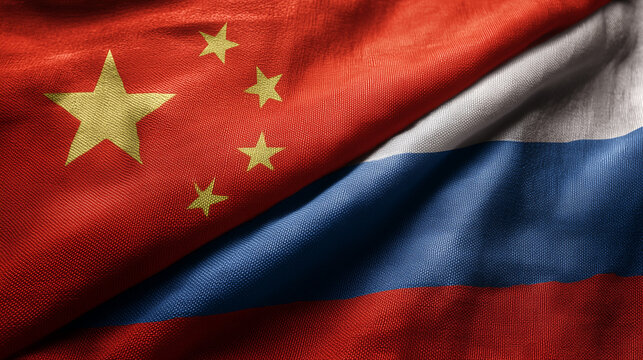 chinese flag waving next to russian flag. relations between china and russia