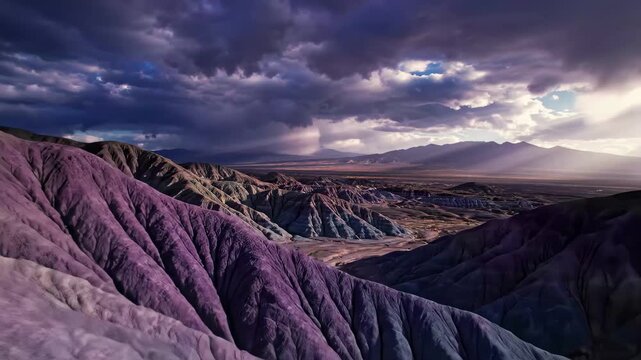 Dramatic landscape of colorful badlands under stormy sky with crepuscular rays