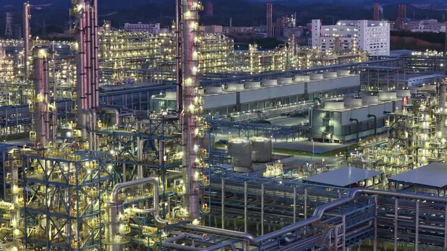 Aerial Night View of Large Oil Refinery Industrial Complex