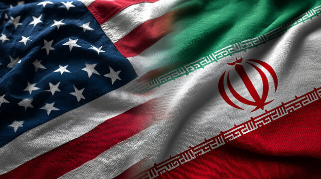 us flag waving next to iranian flag. relations usa iran