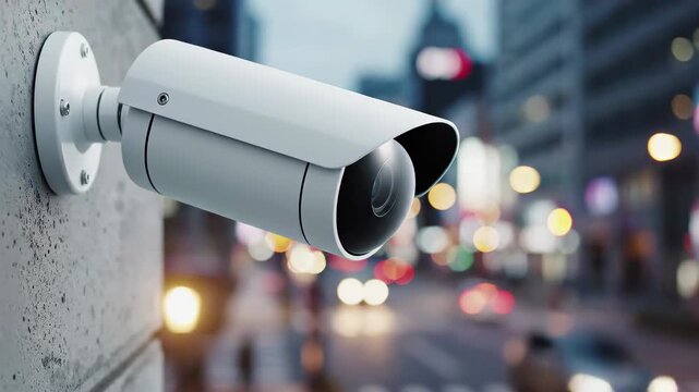 White outdoor security camera mounted on a concrete wall overlooking a blurred city street at dusk or night with bokeh lights