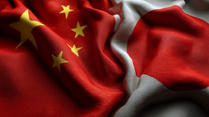 chinese flag waving next to japanese flag. relations between china and japan
