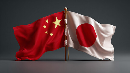 chinese flag waving next to japanese flag on grey background. relations between china and japan