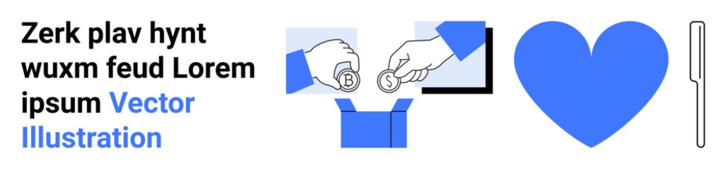 Charity, donations, kindness, online transactions, community service, volunteering. Hands giving coins into a box, blue heart symbol and online element. Charity and donations concept