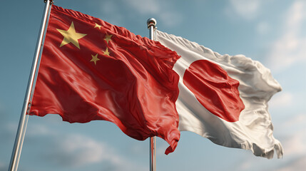 chinese flag waving next to japanese flag in blue sky. relations between china and japan