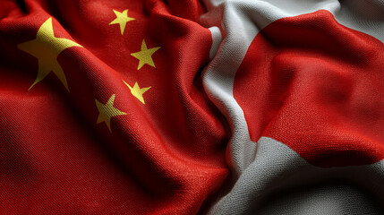 chinese flag waving next to japanese flag. relations between china and japan