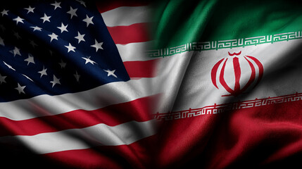 us flag waving next to iranian flag. relations usa iran