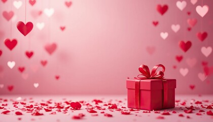 Red gift box with ribbon, heart confetti, and hanging hearts on a pink background with bokeh, ideal for love, romance, and celebratory occasions photo