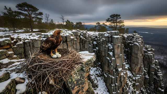 A majestic golden eagle perched on a weathered rock in the Aja mountains of Saudi Arabia. A powerful symbol of wilderness and freedom.

