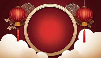 Traditional Lunar New Year celebration background with gold circular frame and red lanterns for festive marketing and copy space.