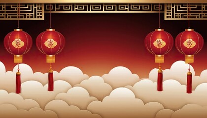 Traditional Lunar New Year celebration background with red lanterns and stylized clouds with copy space for marketing and greetings.