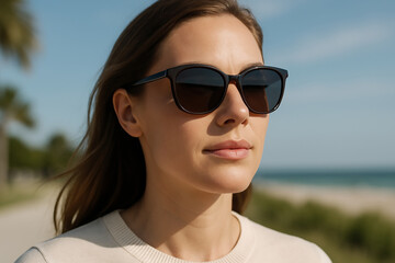 Young Woman Wearing Stylish Sunglasses for UV Eye Protection at the Beach