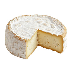 Soft French cheese wheel with white rind cut open isolated on black background