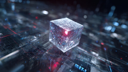 Futuristic cube digital cube glowing cube cyber city abstract technology sci fi background hologram effect data block neon light virtual space Futuristic cube digital cube glowing cube cyber city