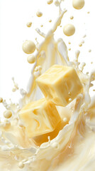 Creamy milk splash vanilla flavor dairy cube liquid swirl dessert concept sweet taste yellow color macro closeup fresh food white background creamy milk splash with vanilla flavor dairy cube