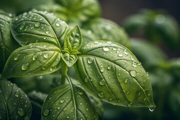 basil leaves closeup with details and drops - generated by ai