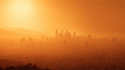 Cityscape skyline sunset smog haze urban silhouette pollution orange downtown city building skyscraper dusk fog air environment climate global warming heat summer evening glow light landscape town