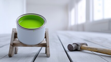 Green paint can on wooden floor with hammer in minimalist white room