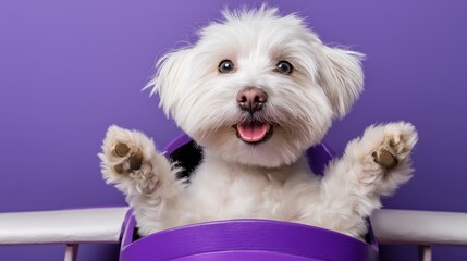 Adorable white fluffy dog in purple toy airplane against purple background