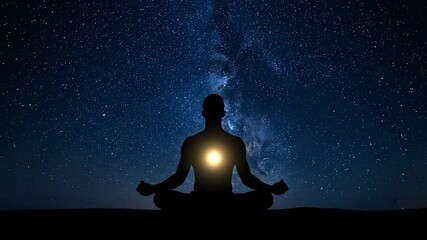 Silhouette of person meditating under the vast starry night sky above