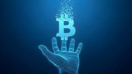 A glowing blue hand with bitcoin symbol made of particles on dark background