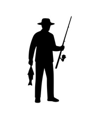 Fisherman silhouette holding a fishing rod and fish