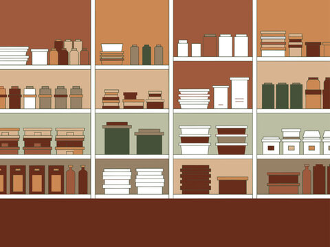 A stylized illustration showcases a restaurant pantry with organized storage. Clean lines and warm tones create a visually appealing and commercially viable design.