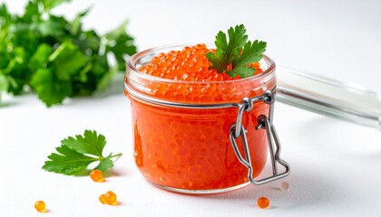 Glass jar of bright red fish roe on white background
