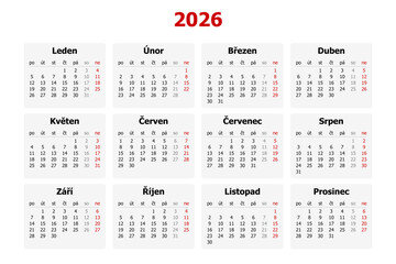 Vector illustration of modern Czech calendar for year 2026 in Czechia