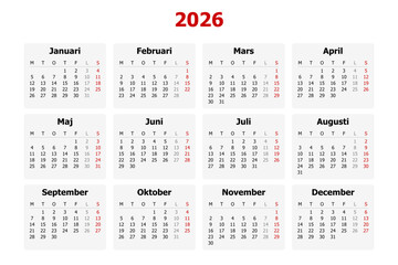 Vector illustration of modern Swedish calendar for year 2026 in Sweden