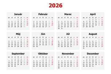 Vector illustration of modern Slovak calendar for year 2026 in Slovakia