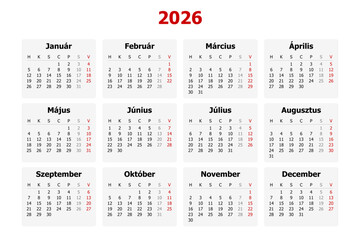 Vector illustration of modern Hungarian calendar for year 2026 in Hungary